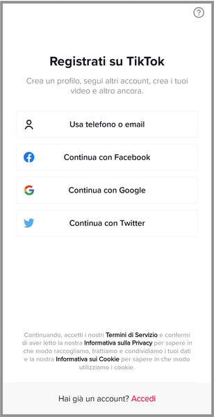 come creare un account TikTok: schermata di registrazione