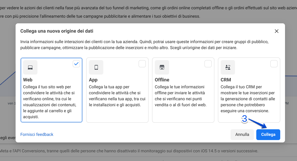 Come creare un pixel facebook - selezione origine dei dati