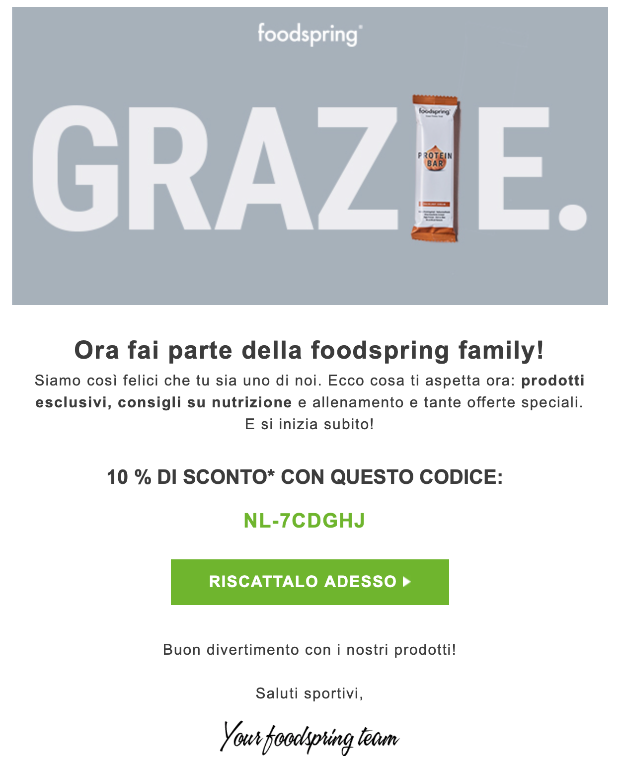 messaggio di benvenuto foodspring