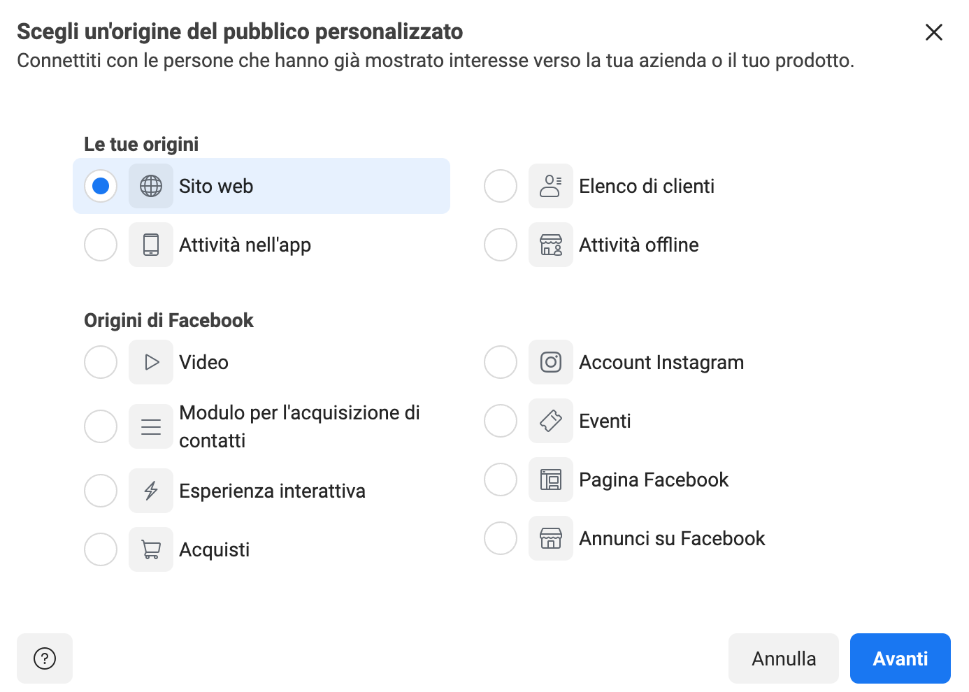 Creazione pubblico personalizzato per Facebook Ads