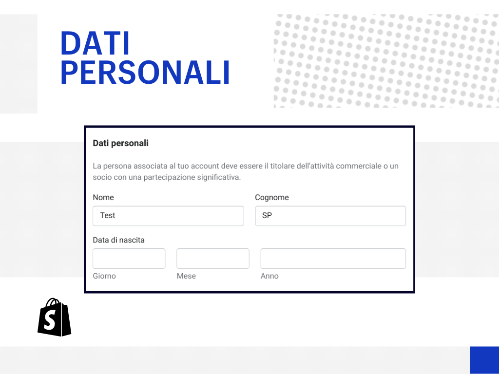 Shopify Payments - Impostare i dati personali