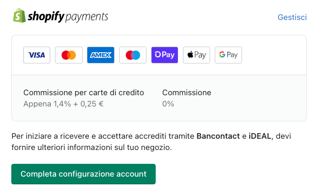 Impostazione gateway di pagamento - Shopify Payments