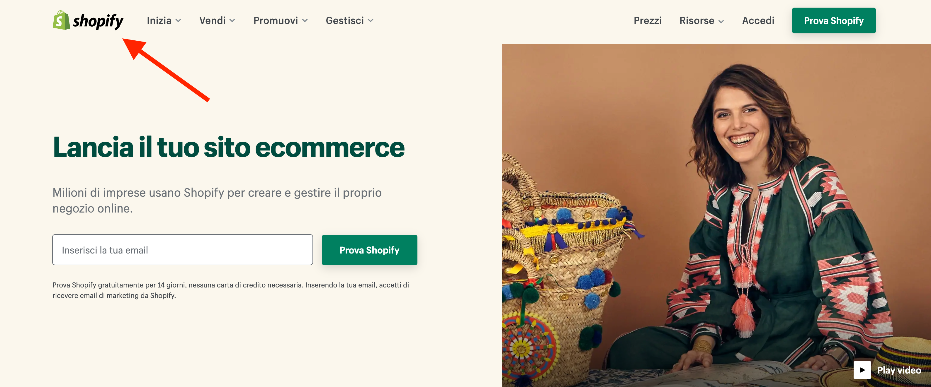 Homepage di Shopify con freccia che indica il logo