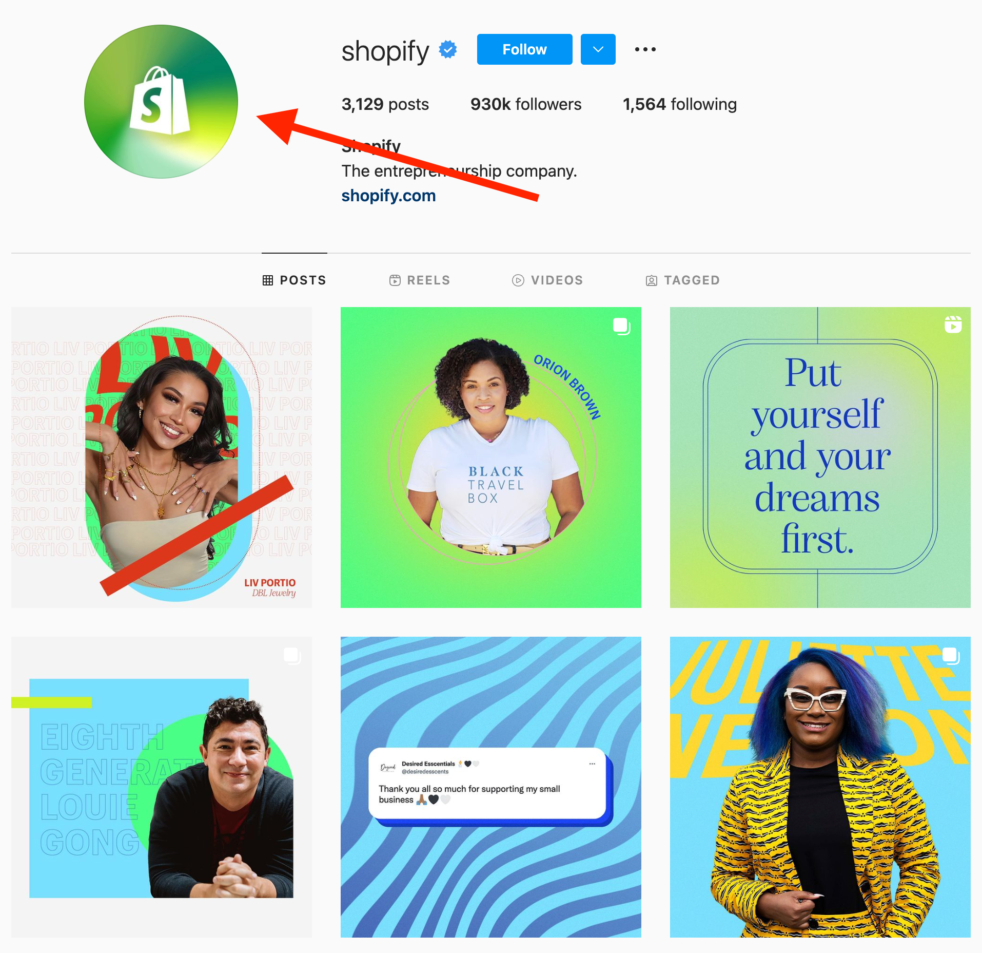 Pagina Instagram di Shopify con freccia che indica il logo
