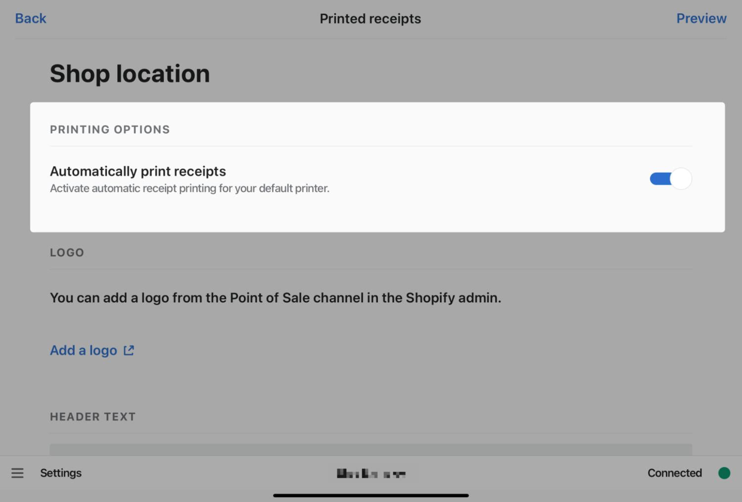 Opzione per stampare automaticamente le ricevute dalla tua stampante predefinita in Shopify POS
