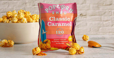 Perfect for picnics: Popcorn Shed's portion sized gourmet popcorn snack packs! Pictured: Classic Caramel flavour.