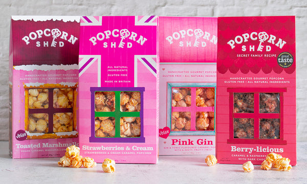 A selection of Popcorn Shed's pink popcorn packs, perfect for Valentine's Day