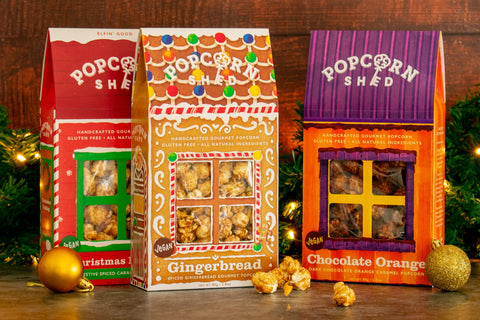 Popcorn Shed's range of delicious festive Christmas flavours. Perfect as stocking fillers and for Christmas movie nights
