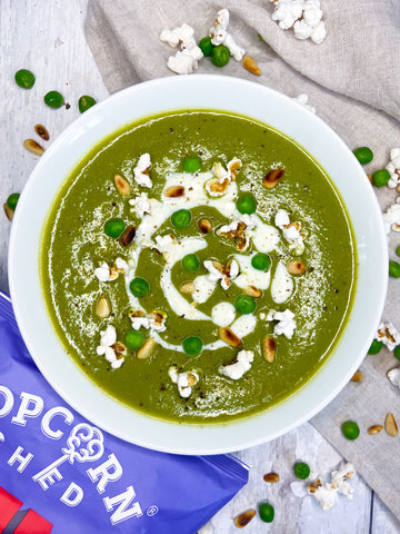 Creamy Vegan Pea Soup with White Truffle popcorn