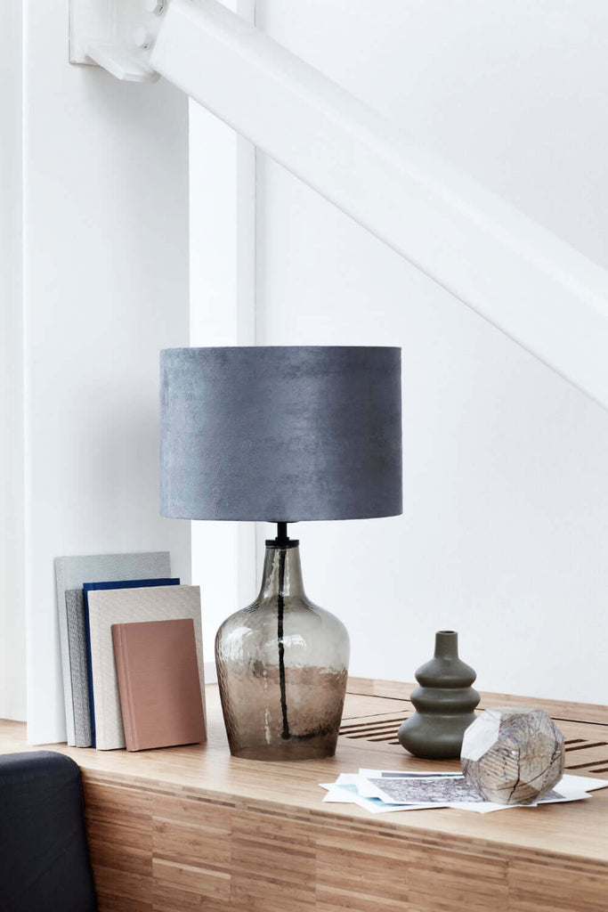 Table lamp with smoked glass base and grey shade - escapologyhome.com