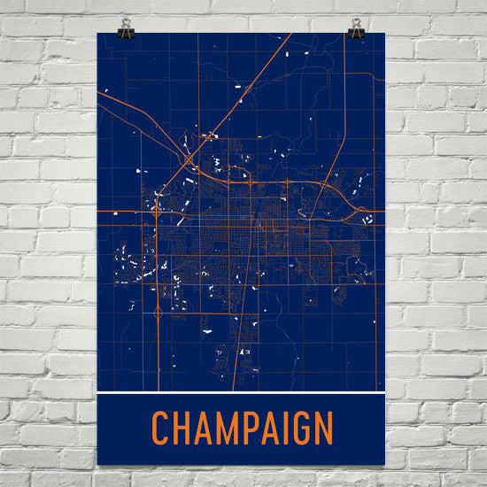 Champaign Il Street Map Poster Wall Print By Modern Map Art 5113