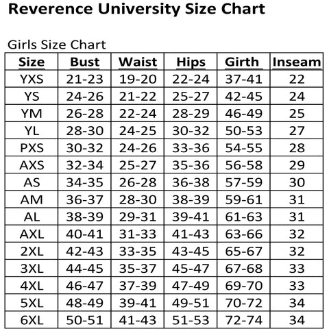 Reverence University Size Chart