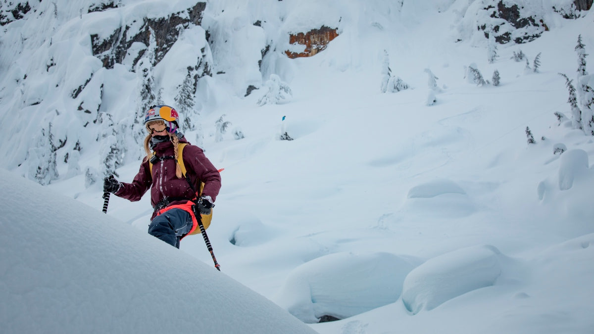 Pro skier Michelle Parker skinning up to do some backcountry skiing