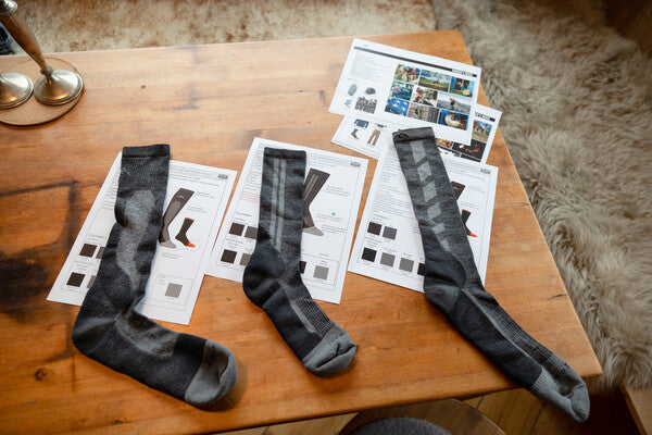 Three different sock prototypes the Salmon Sisters tested