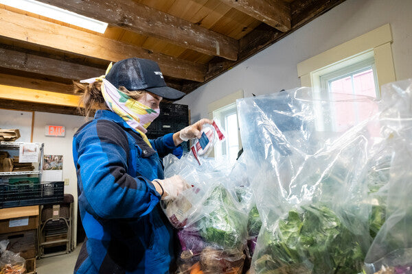 Woman checking bags of lettuce for the Vermont Foodbank