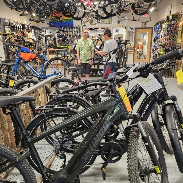 Inside Onion River, rows and rows of mountain bikes ready to buy