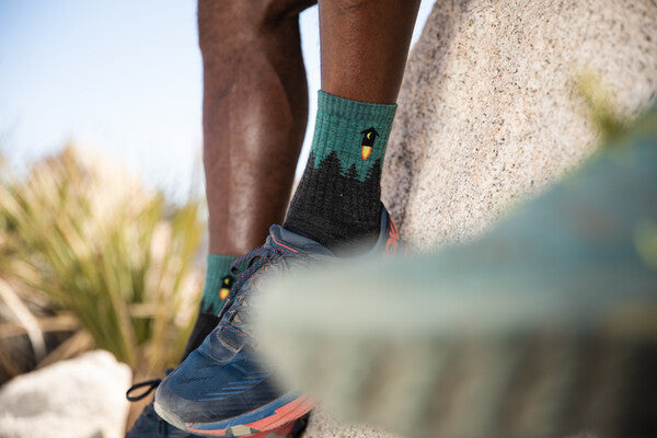 Closeup look at the Number 2 outhouse design on these merino wool hiking socks