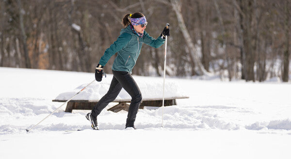 Cross country skier heading down the trail on a snowy day