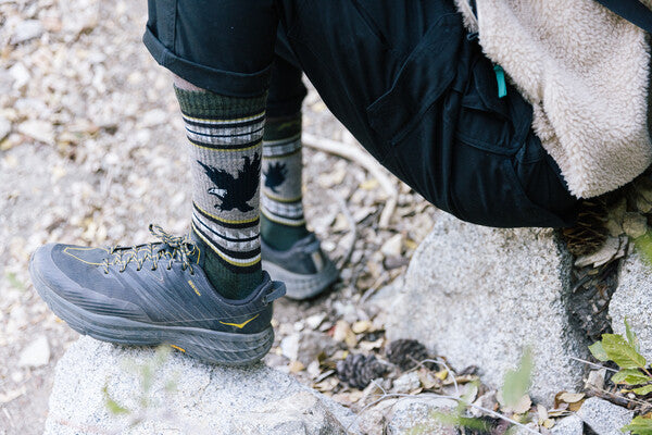 Close up of person seated on rock wearing socks with an eagle on them