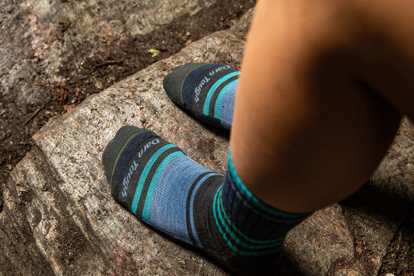 Close up on feet wearing Spur hiking boot socks