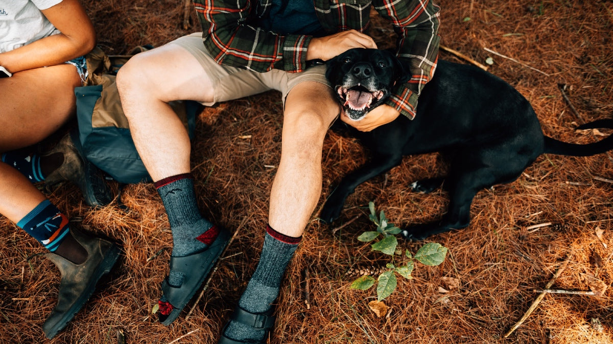 A hiker seated on ground petting dog, as dog smiles for camera