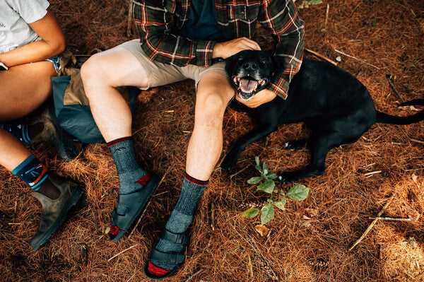 Hiker seated on ground cuddling dog, wearing soft darn tough socks