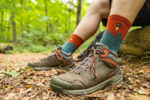 Closeup of feet in hiking boot wearing midweight socks with a rocket ship outhouse design
