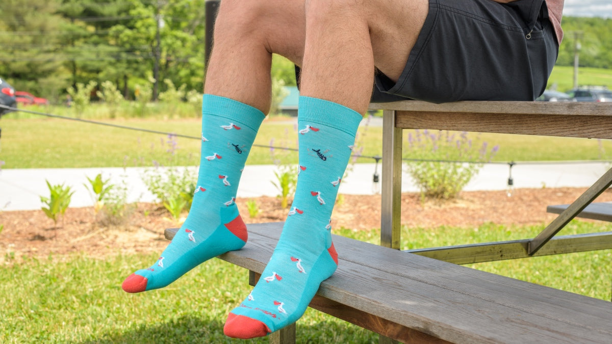 Feet on a sunny day wearing bright socks, in vibrant blue and salmon with a pelican pattern