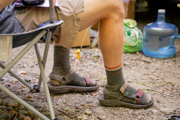 A closeup of feet in hiking socks and hiking sandals