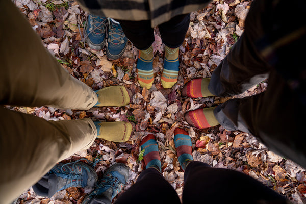 View from above of four pairs of feet wearing merino wool hiking socks