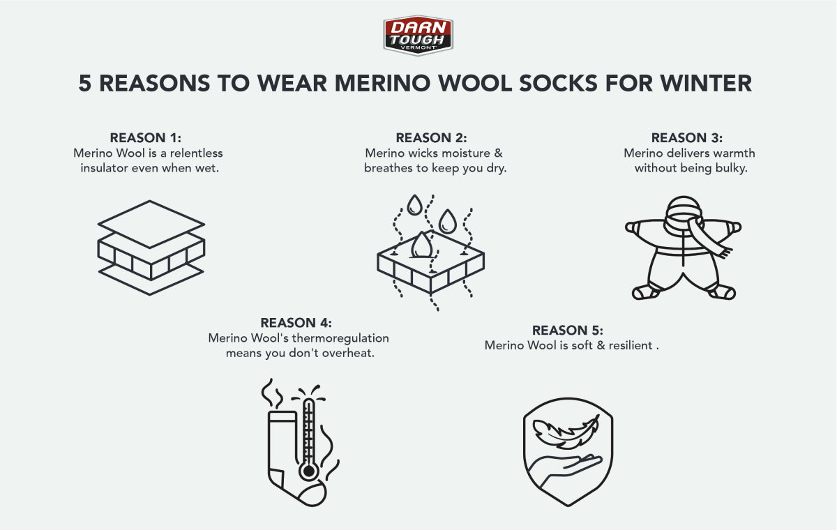 An infographic explaining the 5 reasons you should wear Merino wool socks in winter