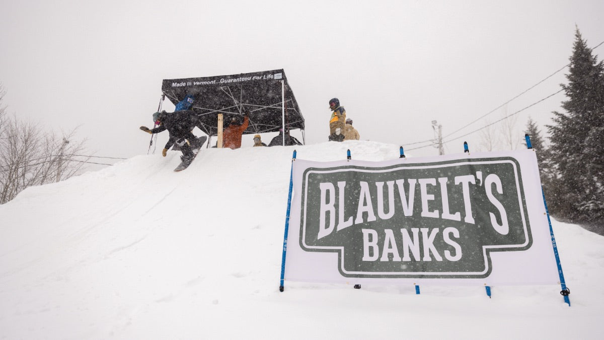 Snowboarder taking off from the start of the Blauvelt's Banks slalom race