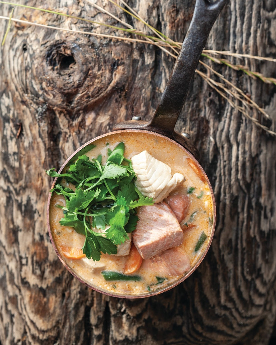 A bowl full of coconut curry soup, a creamy soup with salmon chunks, garnished with cilantro