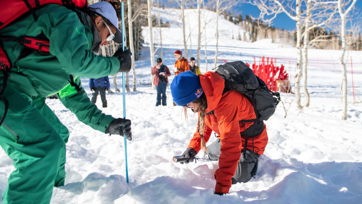 Pro skier Michelle Parker demonstrating a technique at SAFE AS avalanche training course