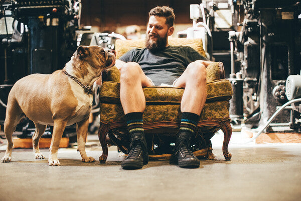 Man seated on sofa chair petting his dog wearing darn tough merino wool socks
