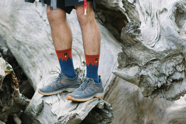 Feet standing on tree trunk wearing the number 2 socks in blue and red