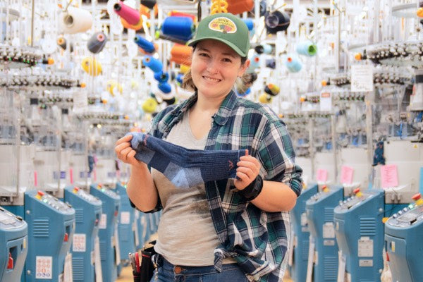 Kaitlyn and the sock she recommends for cold feet, the hiker micro crew in denim blue