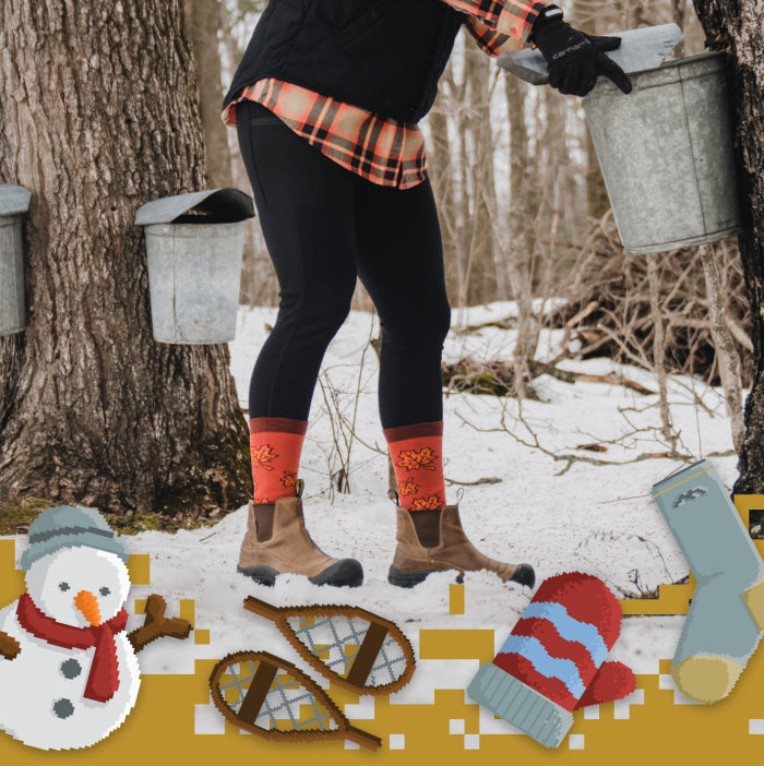 Someone collecting sap to make maple syrup surrounded by bitmap snowmen, snowshoes, and socks