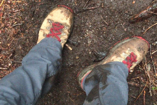 A pair of muddy hiking boots, as seen from above