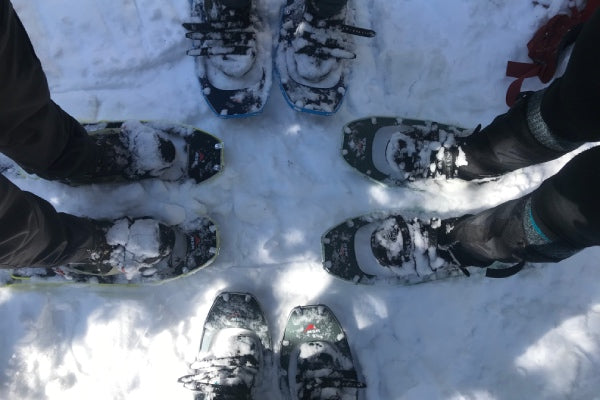 A feet picture with four pairs of feet all wearing snowshoes and hiking boots