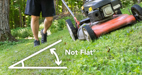 Mowing the lawn, with a helpful angle illustrator to show how not flat this lawn is
