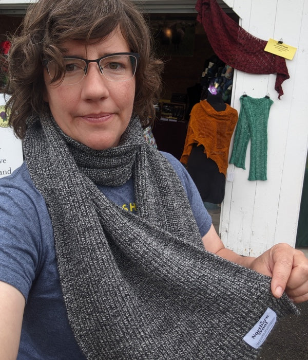 Katie Sullivan wearing a scarf made from Northern Wool