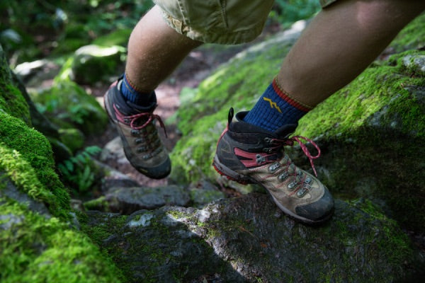 Hiker wearing Darn Tough hiking socks on trail