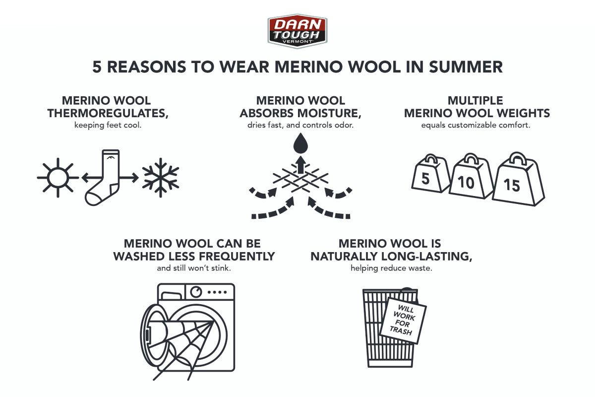 Infographic showing the 5 reasons you should wear merino wool socks in summer