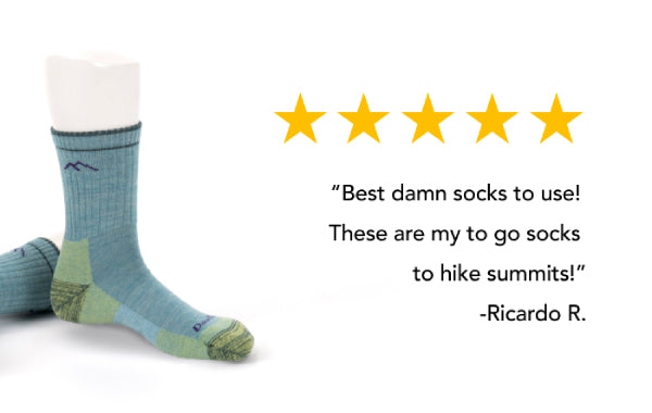 Five Star Review reading "best damn socks to use!"