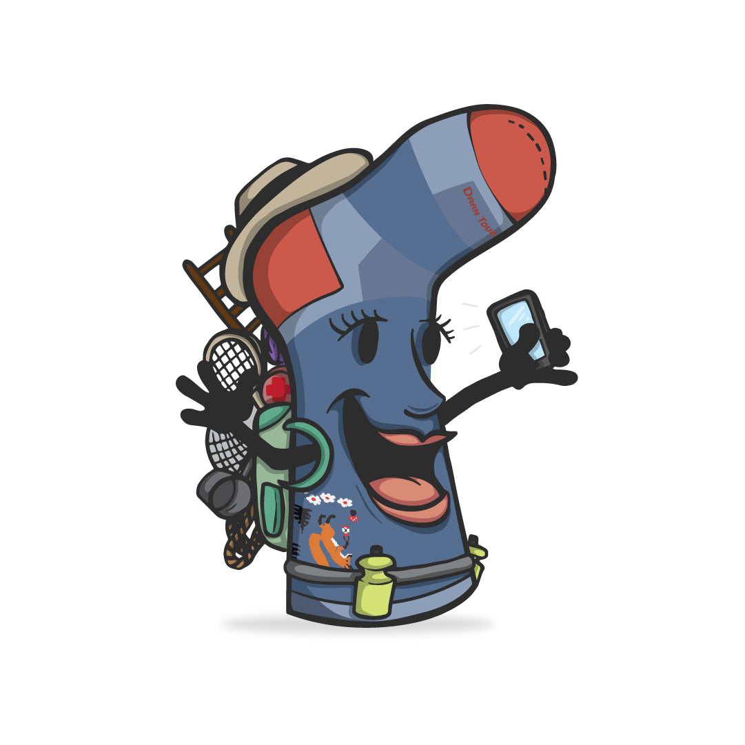 The Critter Club hiking sock as a character, wearing a backpack and looking excited
