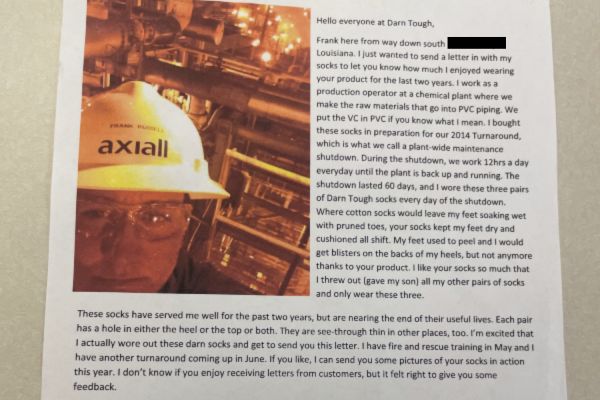 Frank's letter, including an image of him with a hard hat on