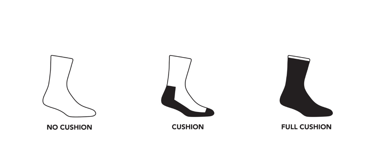 Examples of darn tough no cushion socks, cushion socks, and full cushion socks