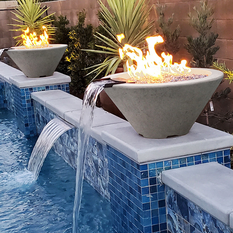 water and fire bowls pouring into a pool. Raise along a feature wall for dramatic effect.