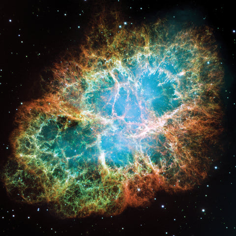 The Crab Nebula, a 6-light-year-wide expanding remnant of a star's supernova explosion.